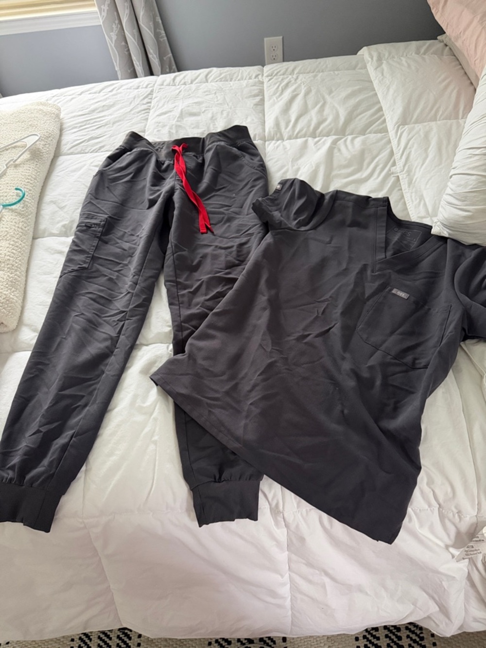 Figs Women's Black Scrub Top and Jogger Pants with Red Drawstring